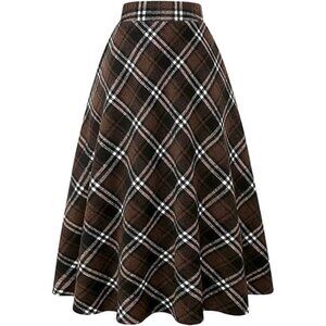 Womens High Elastic Waist Maxi Skirt A-line Plaid Winter Warm Flare Long Skirts